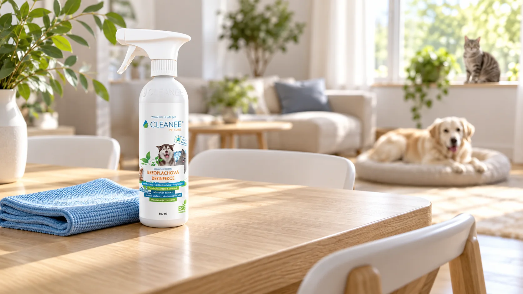 Bezoplachová dezinfekce povrchů CLEANEE PET CARE (WeroDEZI HOME) na jídelním stole s utěrkou, pes na pelíšku a kočka na parapetu v pozadí