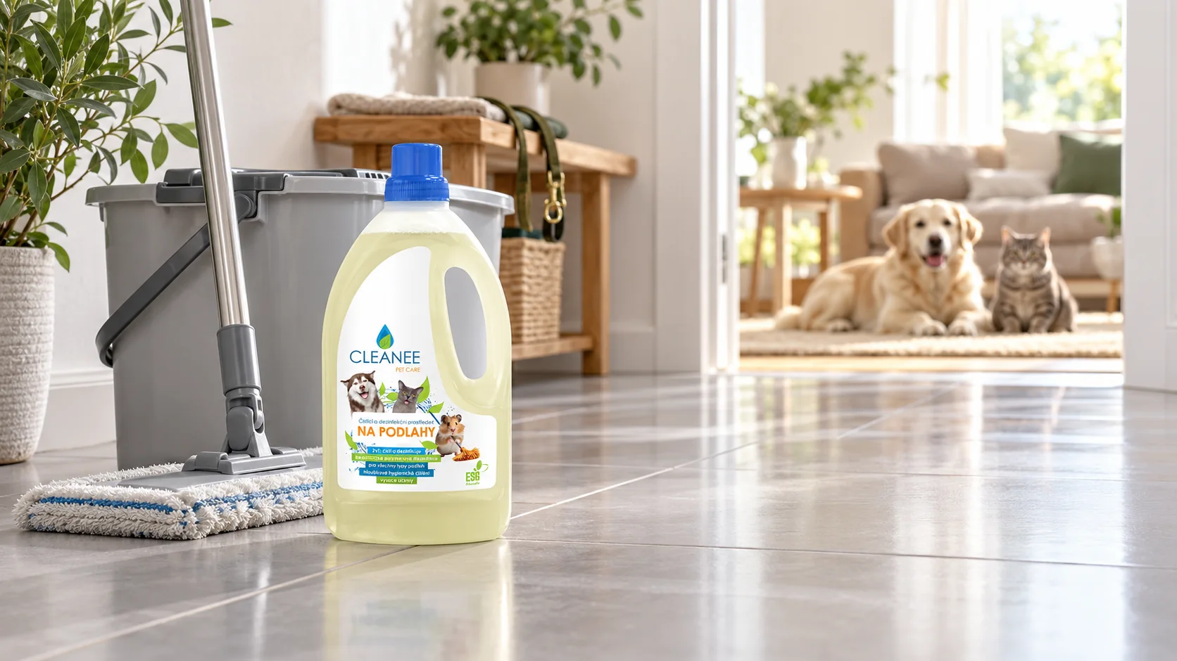 Čisticí a dezinfekční prostředek na podlahy CLEANEE PET CARE na vytřené dlažbě v předsíni, pes a kočka čekají v obývacím pokoji