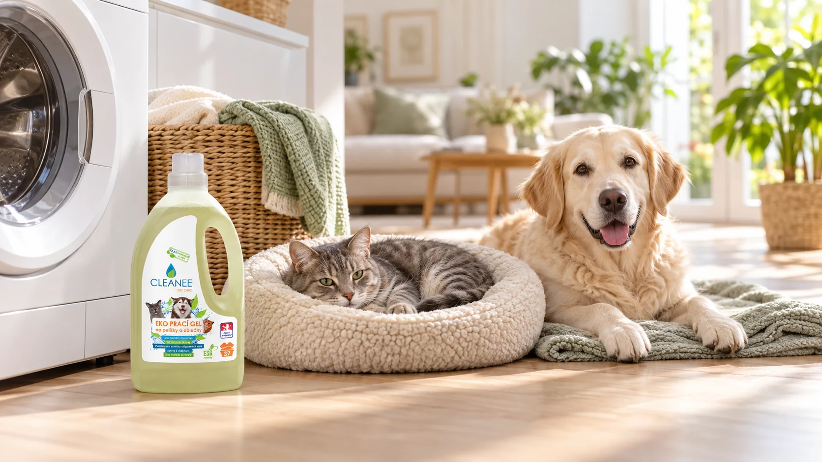 Prací gel CLEANEE PET CARE na pelíšky 1,5 l u pračky, vedle kočka v pelíšku a pes na dece