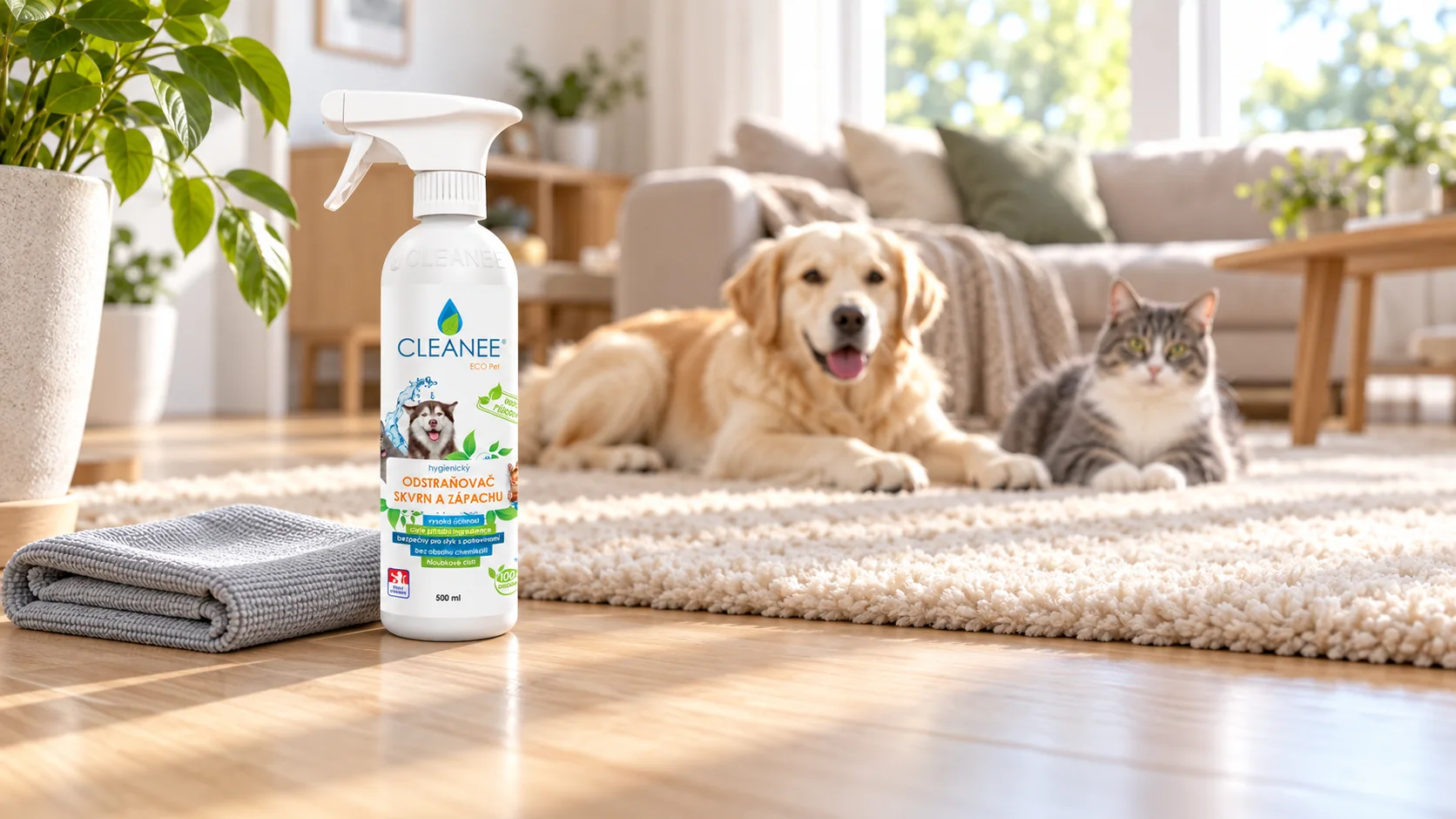 Odstraňovač skvrn a zápachu CLEANEE PET CARE bez vůně na podlaze u koberce, pes a kočka odpočívají na koberci v obývacím pokoji