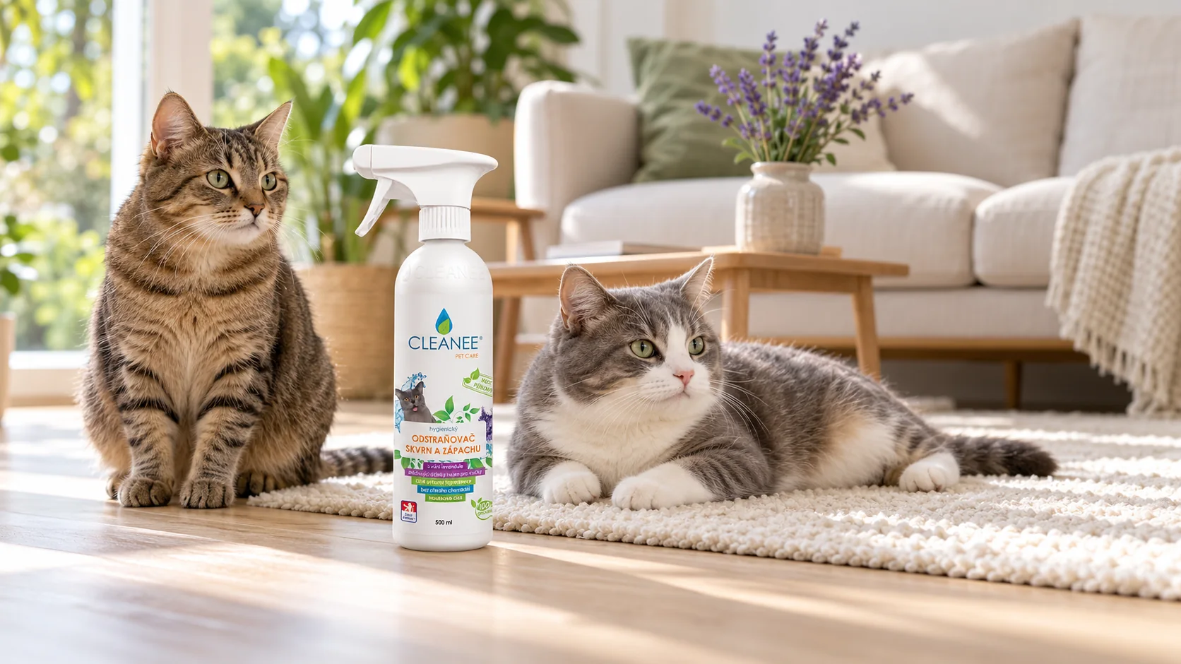 Odstraňovač skvrn a zápachu CLEANEE PET CARE s vůní levandule na podlaze vedle dvou koček v obývacím pokoji