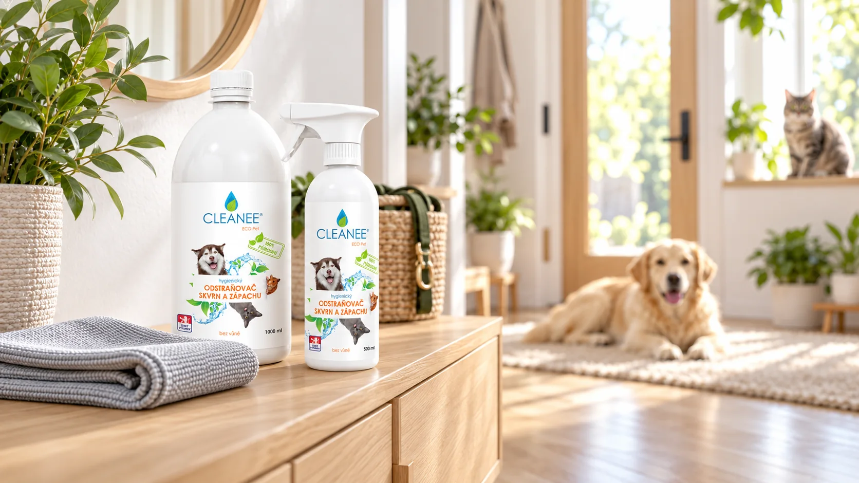 Náplň 1 l a sprej 500 ml odstraňovače skvrn a zápachu CLEANEE PET CARE na botníku v předsíni, pes na koberci a kočka na parapetu