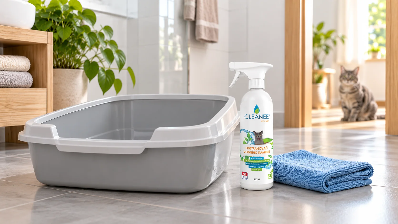 Odstraňovač vodního kamene CLEANEE PET CARE vedle čisté kočičí toalety na dlažbě v koupelně, kočka ve dveřích
