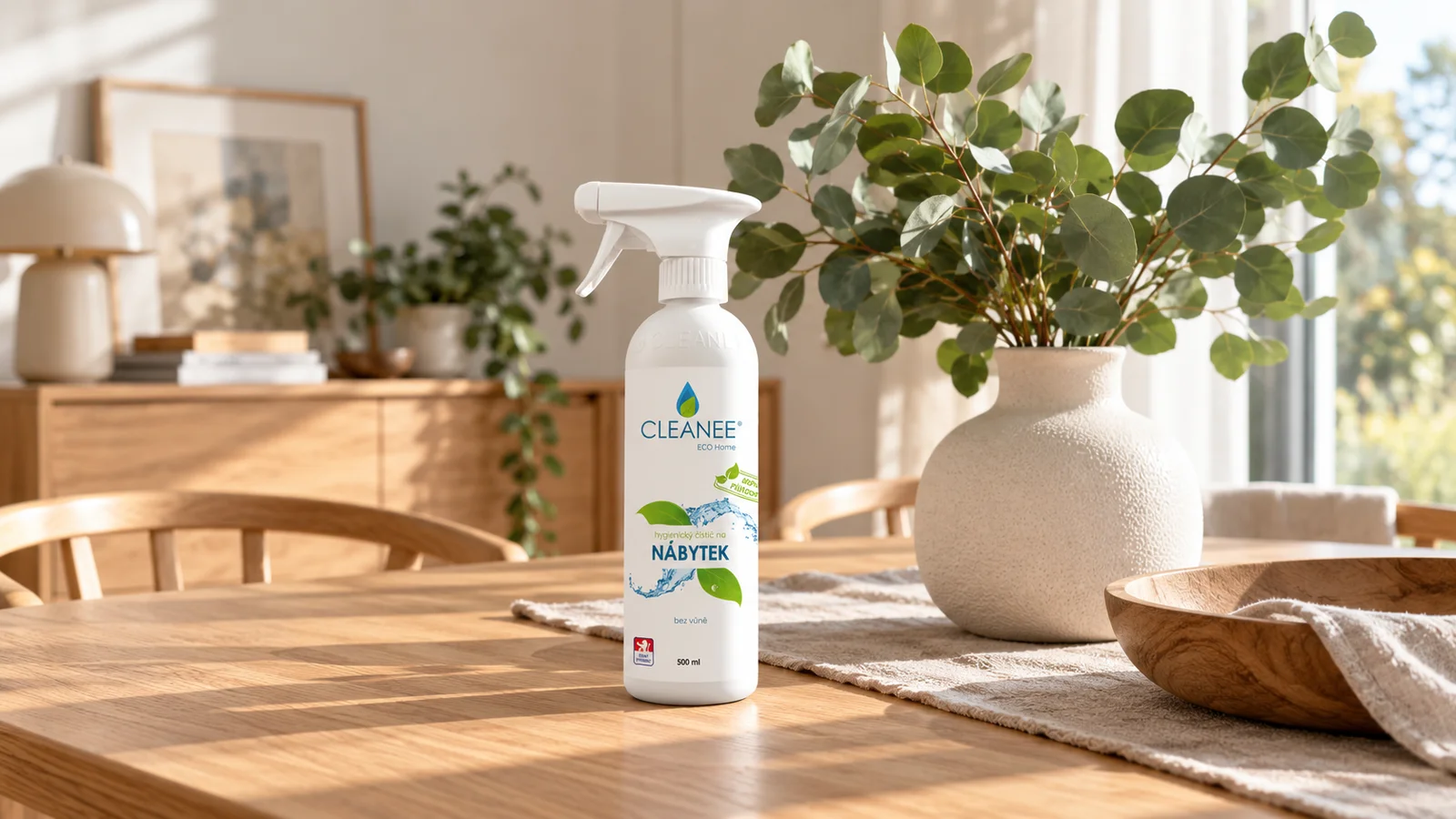 Čistič na nábytek CLEANEE bez vůně na dřevěném stole