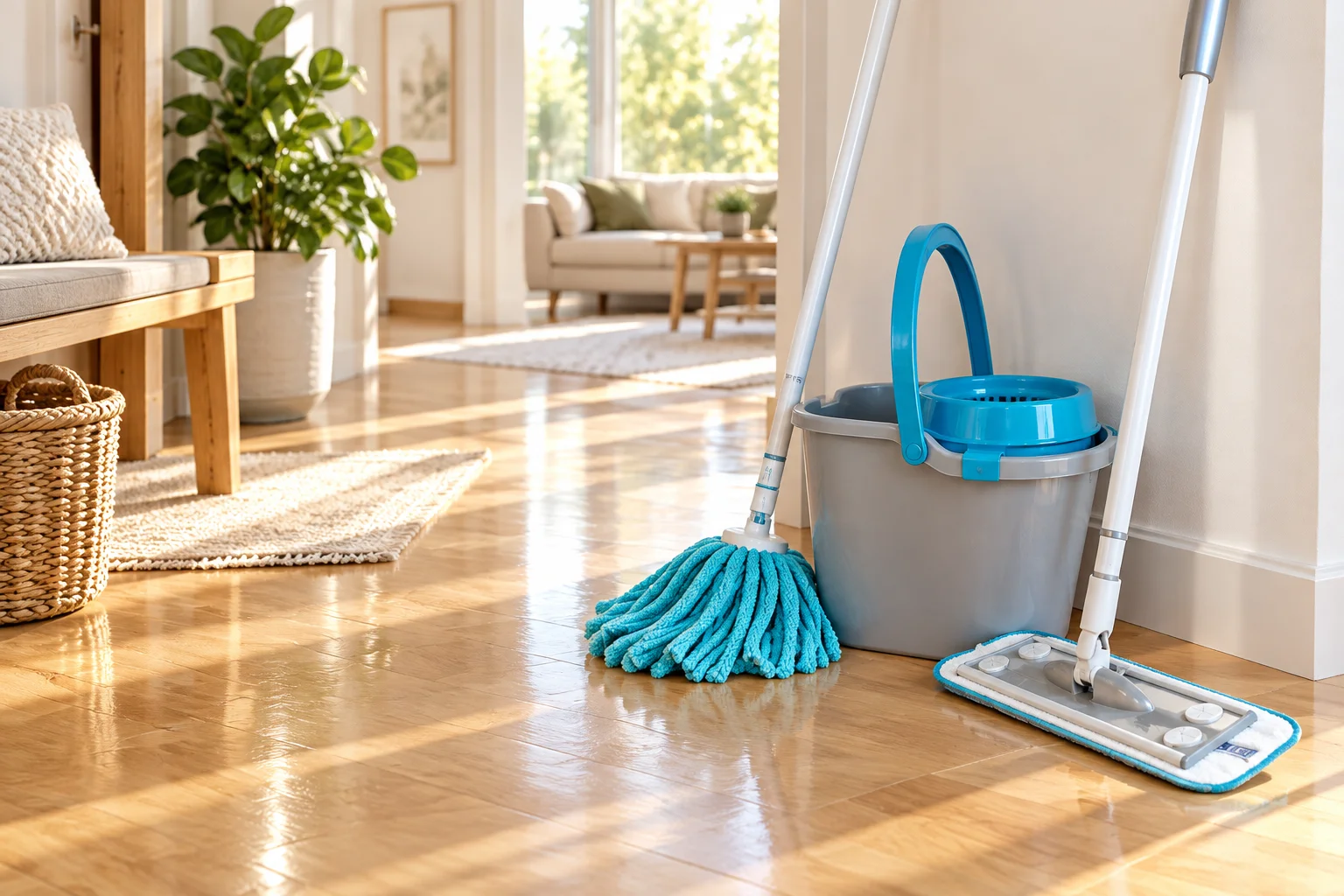 Třásňový mop v kbelíku se ždímacím košem a plochý mop na lesklé dřevěné podlaze v předsíni