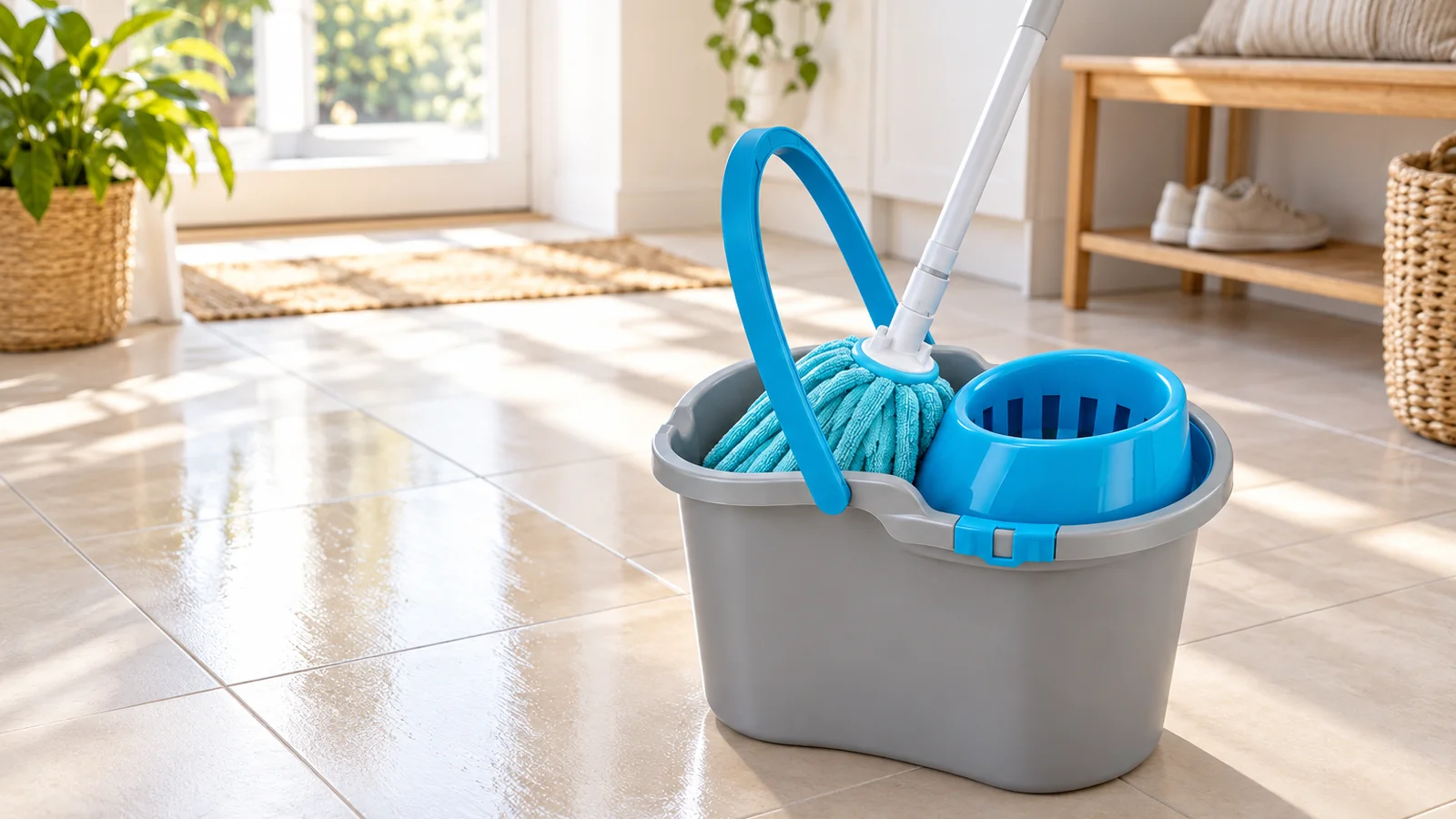Třásňový mop z mikrovlákna v kbelíku se ždímacím košem na světlé dlažbě v předsíni