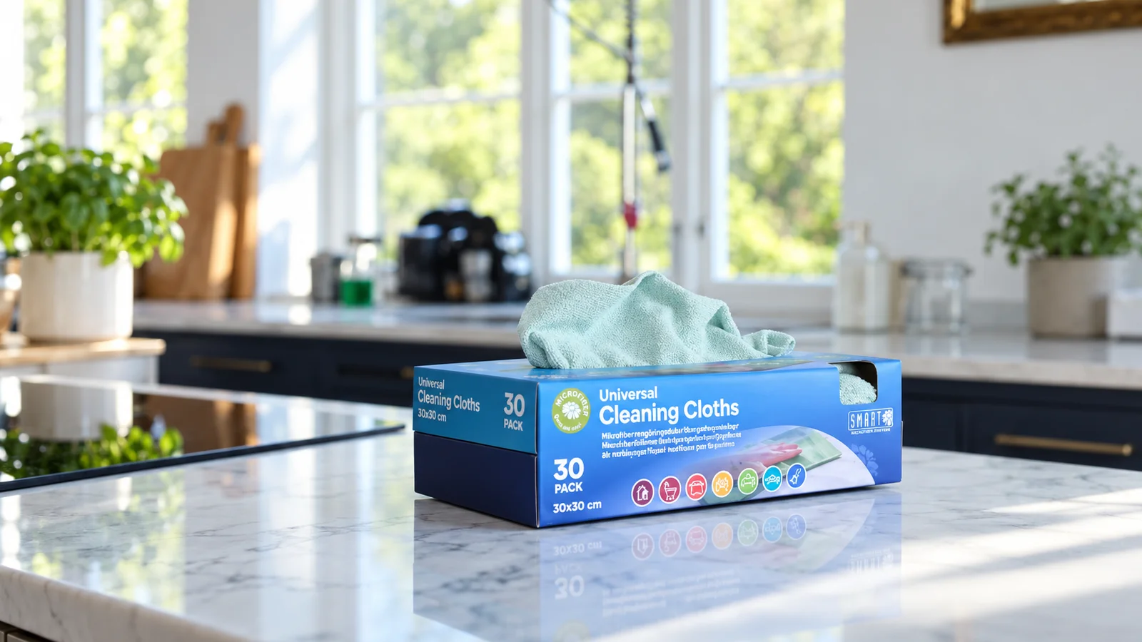 Box s 30 utěrkami z mikrovlákna Smart Microfiber na mramorové kuchyňské lince, z krabičky vykukuje mentolová utěrka