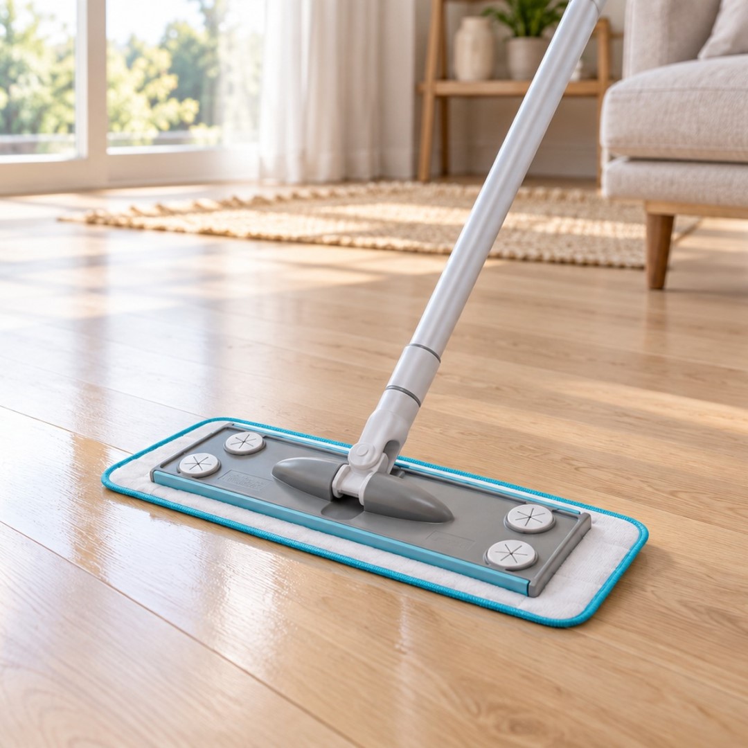 Plochý mop z mikrovlákna 3v1 s tyrkysovým návlekem na dřevěné podlaze v obývacím pokoji